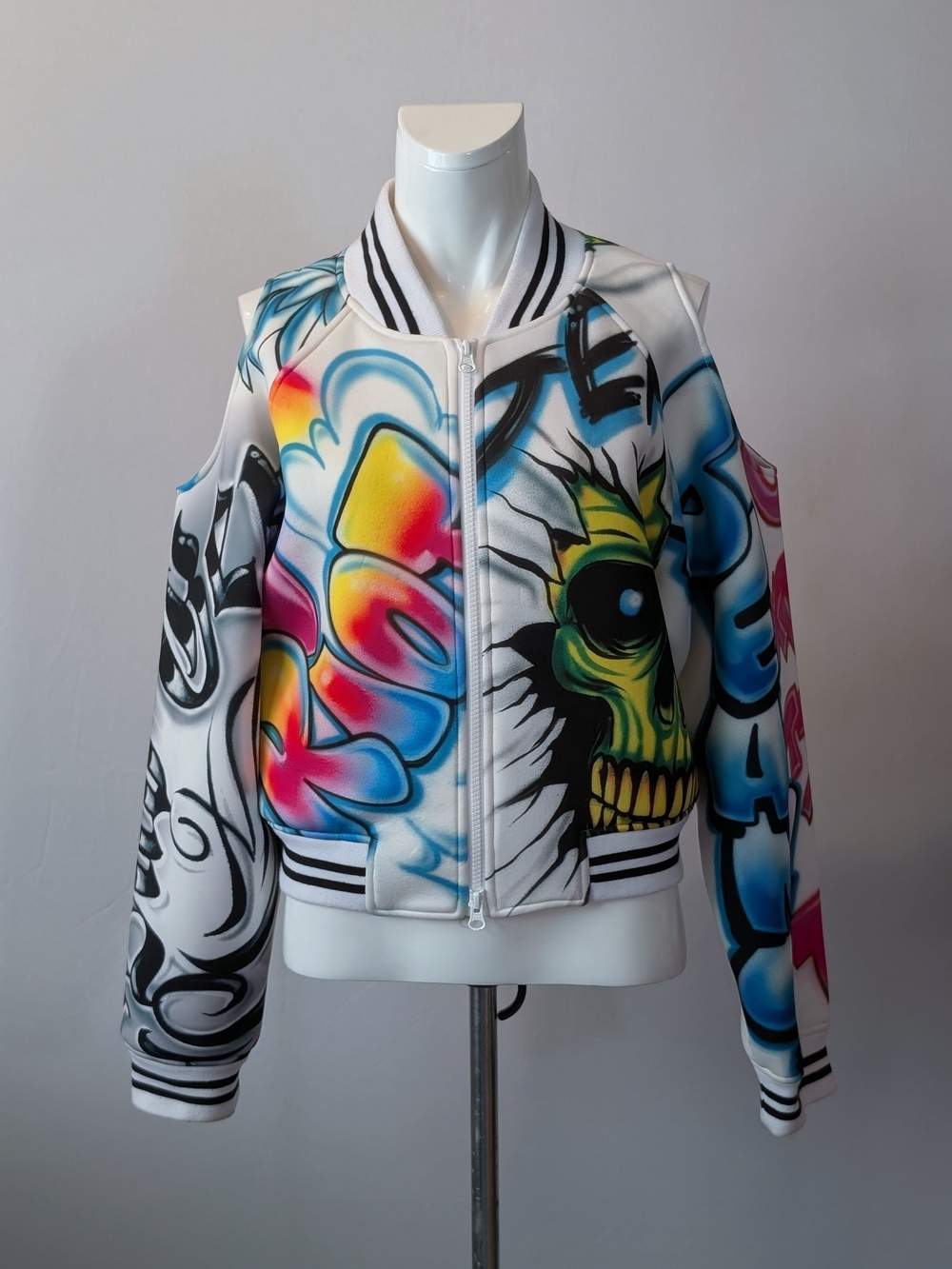 Gerlan Jeans white bomber jacket colorful graffiti skull Cold shoulder Sz Small